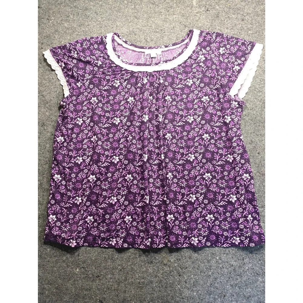 Dreams & Co Purple Floral Lace Trim Pajama Set Plus 3X 30/32 Short Sleeve PJ